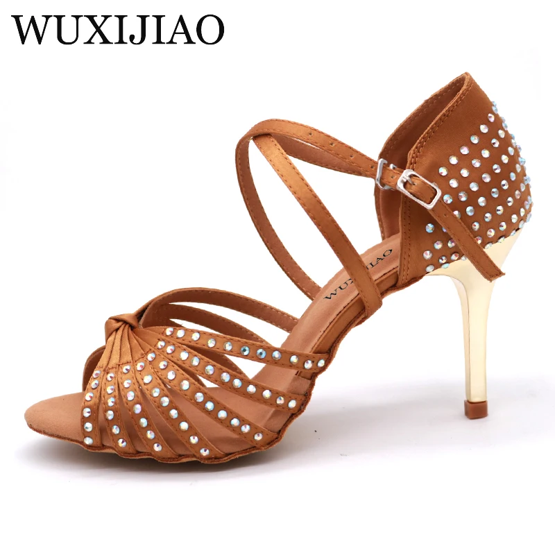 WUXIJIAO/атласные сандалии со стразами; Танцевальная обувь; обувь для латинских танцев; женская обувь золотого цвета на каблуке 85 мм; Танцевальная обувь для девочек; обувь для латинских танцев