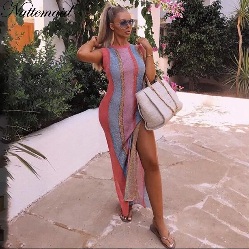 

NATTEMAID New Arrival 2018summer Dresses Female Asymmetrical Sleeveless Hollow Out Long Dress Maxi Sexy Knitting Dress Vestidos