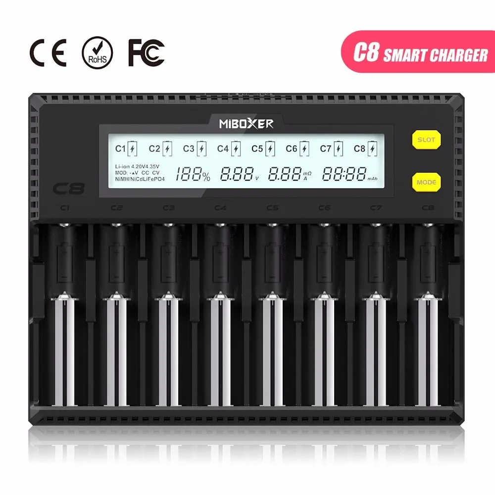 C8 Smart battery charger 8-slot LCD display for lithium ion LiFePO4 Ni-MH nickel cadmium AA 21700 20700 26650 18650 charger