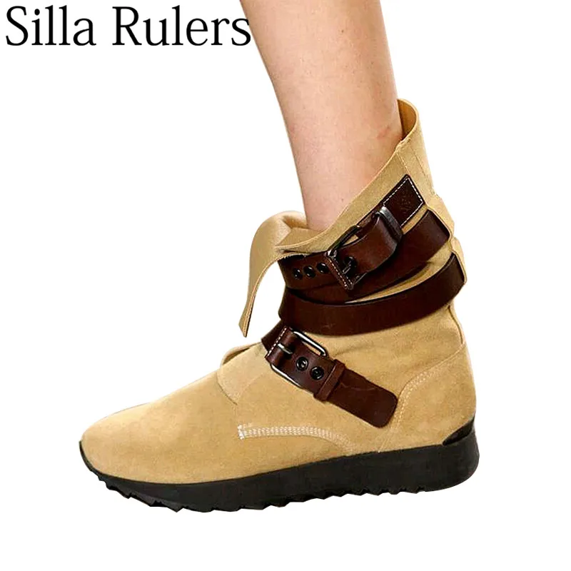 

2019 Winter Runway Belt Strap Western Boots Woman Round Toe Ankle Boots Women Suede Leather Chelsea Boots Woman zapatos de mujer