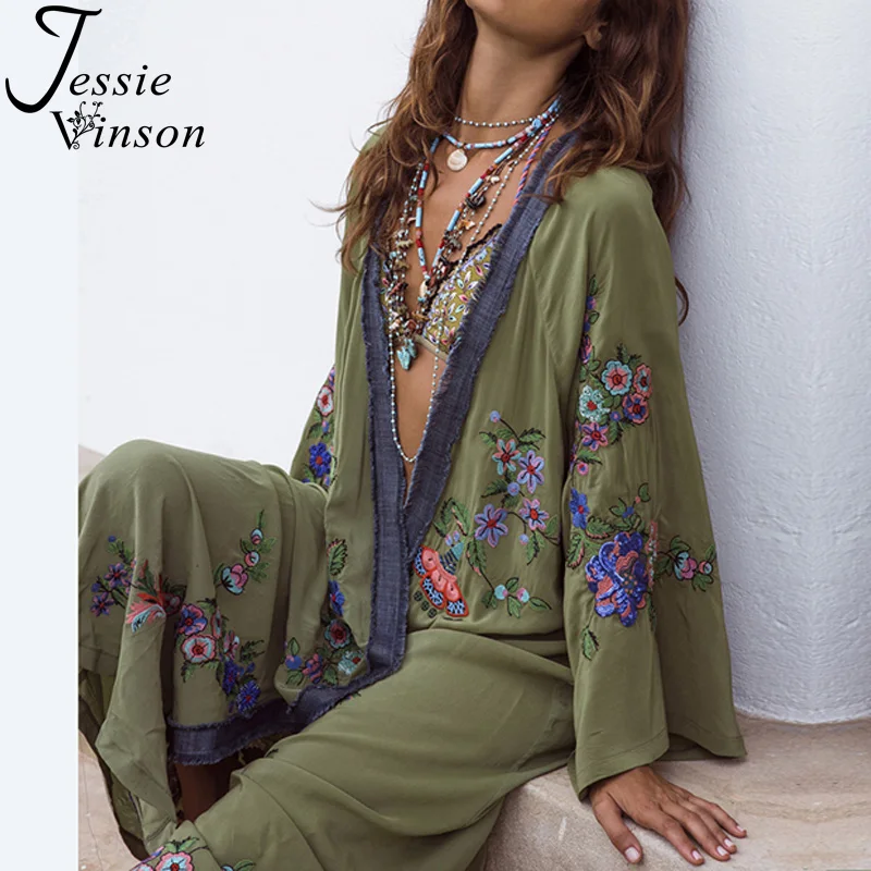 

Jessie Vinson Women Plus Size Long Sleeve Perspective Flower Embroidery Long Cardigan Kimono Beach Sun Proof Cover up Overall