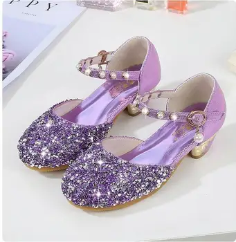 

New Girls Princess Shoes Purple High-heeled Shoes Children Rhinestone Dance Shoes Kids Baby Student Leather Shoes