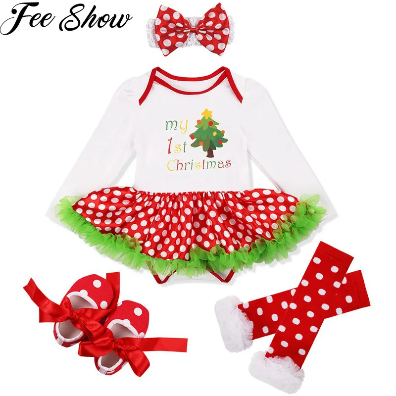 My First Christmas Outfits Baby Girl Tutu Romper Dress with Hat and Leg Warmer Sets 4Pcs