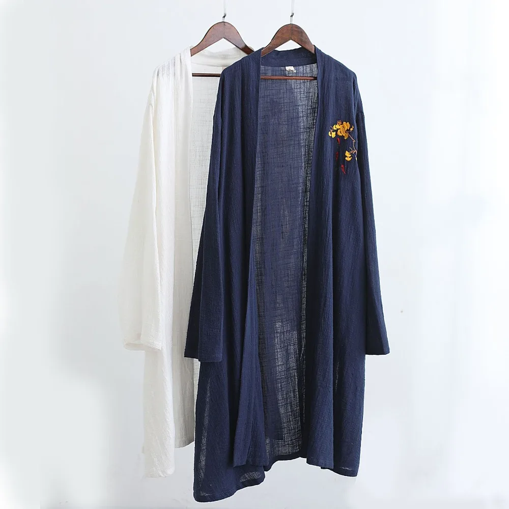 LZJN 2019 Casual Long Sleeve Shirt Summer Men's Vintage Embroidery Kimono Cardigan Cotton Linen Cloak Poncho Open Front Coat (20)