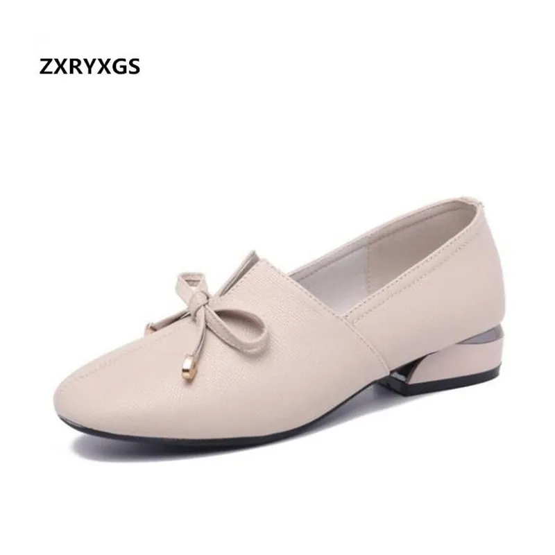 

New Famous First Layer of Cowhide Elegant Bow Women Fashion Shoes Plus Size Low-heel Shoes Soft Comfortable Women Leather Shoes