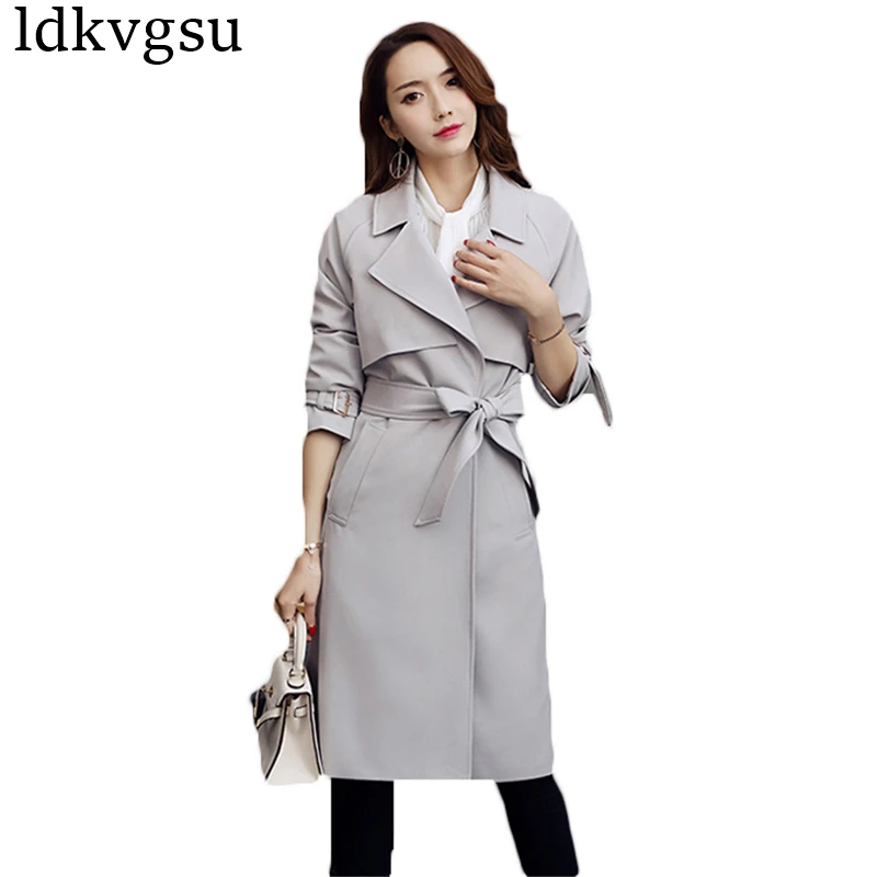 

New Fashion Long Trench Coat Women 2019 Spring Autumn Classic Turn Down Collar Casual Windbreaker With Belt Outerwear Femme A588