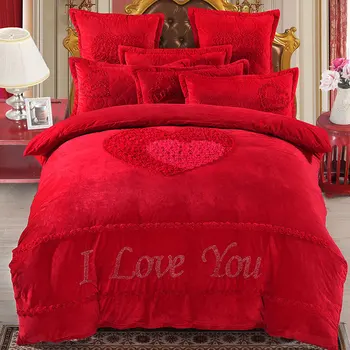 

4Pcs Red fabric for raising fabric luxury bedding sets queen king size duvet cover set bed skirt set pillowcase bedclothes