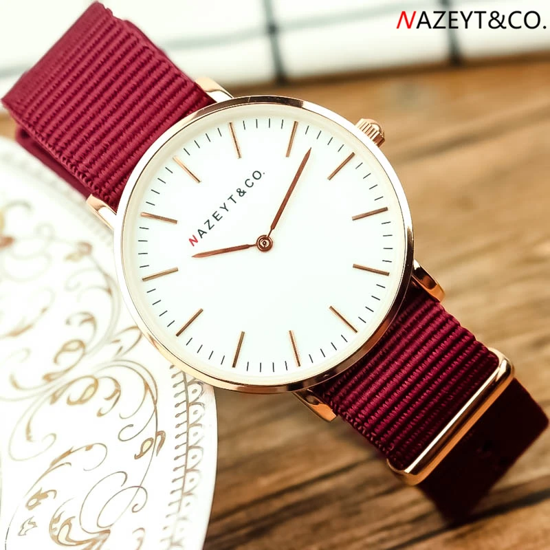 Nazeyt الفاخرة العلامة التجارية المرأة الأزياء البريطانية نمط 36 مللي متر الكلاسيكية ساعة كوارتز dw نمط السيدات النبيذ الأحمر حزام نايلون Relogio ...