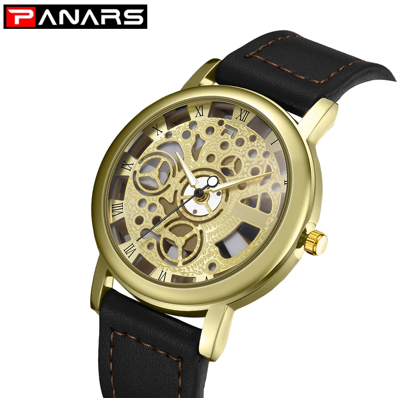 

PANARS Quartz Watches 2019 Watch Men Luxury Leather Hollow-carved Design Transparent Watch Gift horloges mannen winners