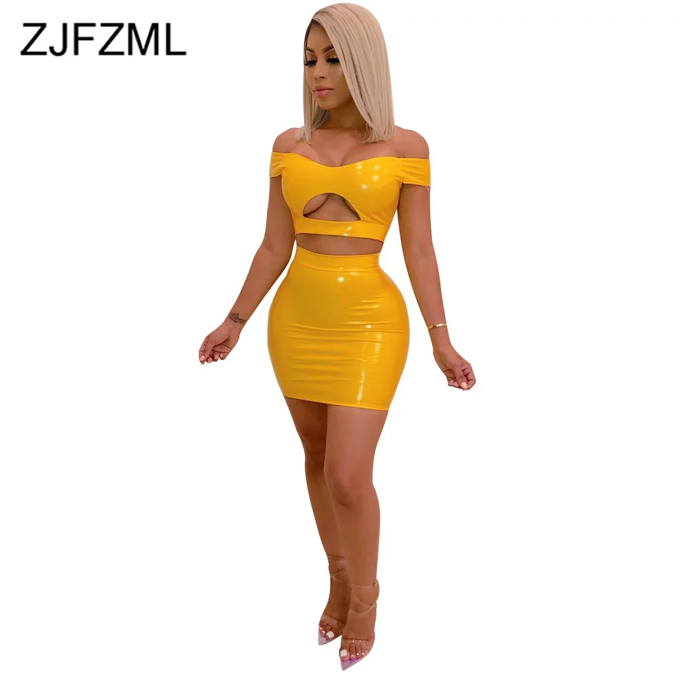 

PU Leather Two Piece Matching Set Women Slash Neck Front Cut Out Crop Top And Bodycon Skirt Neon Yellow Orange 2 Piece Tracksuit