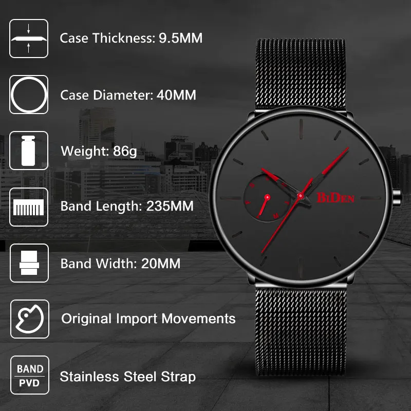 Reloj Hombre BIDEN Top Brand Luxury Men Watches Waterproof Ultra Thin Date Wrist Watch Male Mesh Strap Casual Quartz Clock