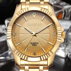 Моды Chenxi Элитный бренд человек золото платье часы Нержавеющая сталь Уникальный золотой женщина Для мужчин Бизнес кварцевые наручные часы
