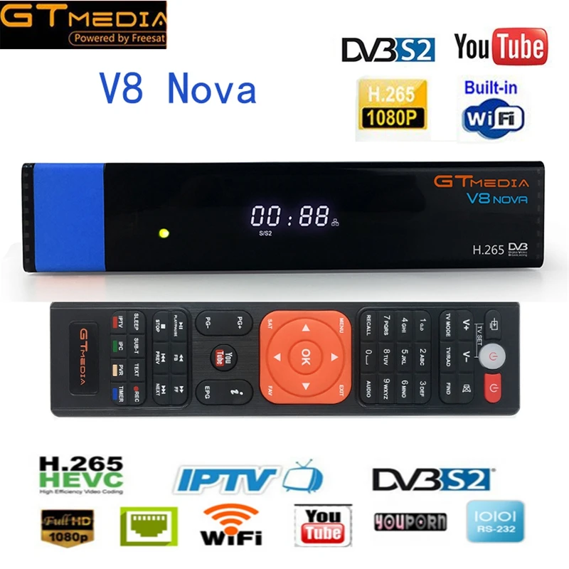 

GTMEDIA V8 NOVA Blue DVB-S2 TV Satellite Receiver,PowerVu,Biss key H.265,Built-in WiFi With AV Interface Digital TV Set Top Box