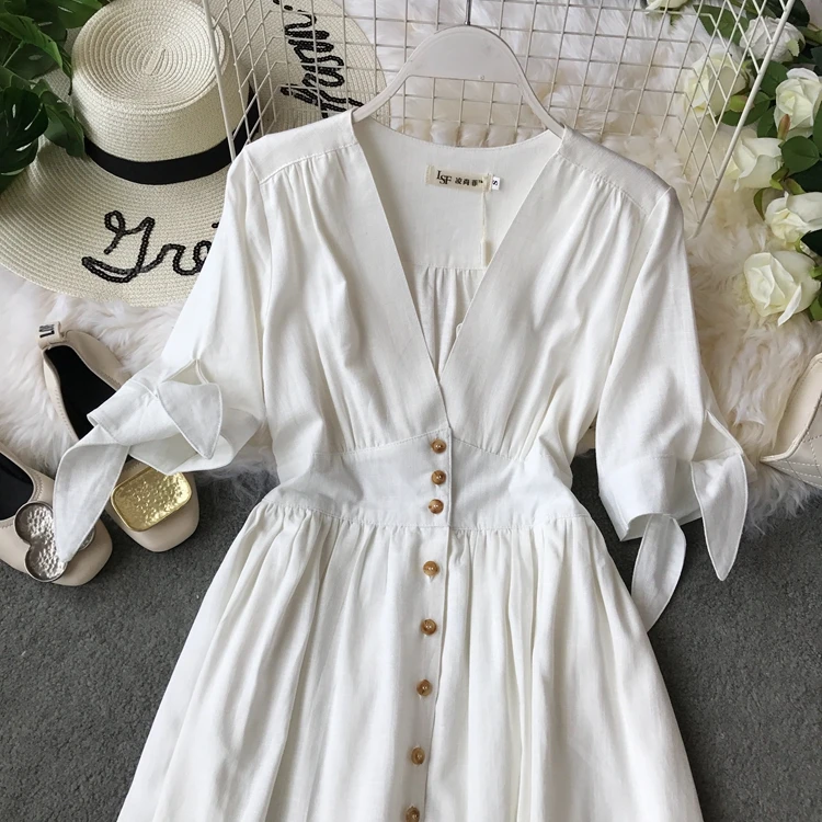 Льняное платье с v-образным вырезом белое пляжное богемное винтажное элегантное корейское миди-туника сексуальное с бантом размера плюс хлопковое летнее платье для женщин Vestidos