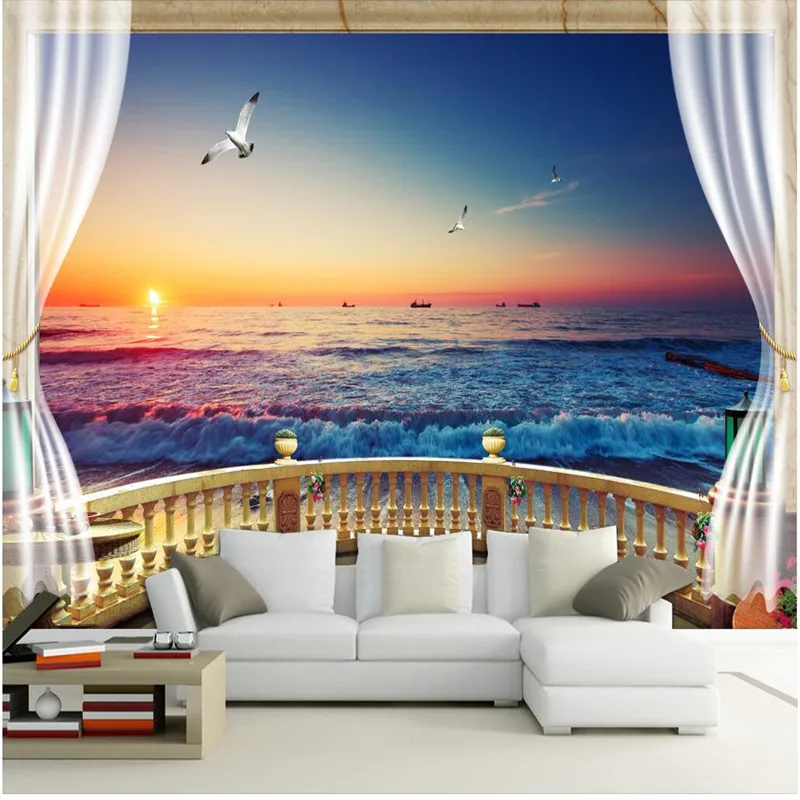 Wall Panel Wallpaper 3D Balcony with Beach View Background Modern Mediterranean Mural for Living Room Large Painting Home Decor
