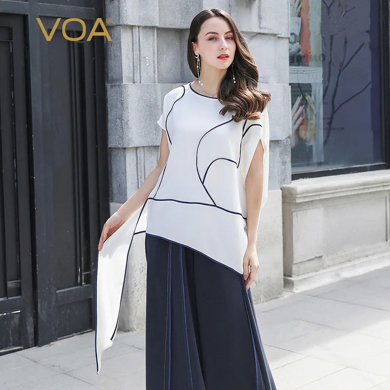 Voa 100% Silk t Shirt Women White Large Size Tee Casual Ladies Tops ...