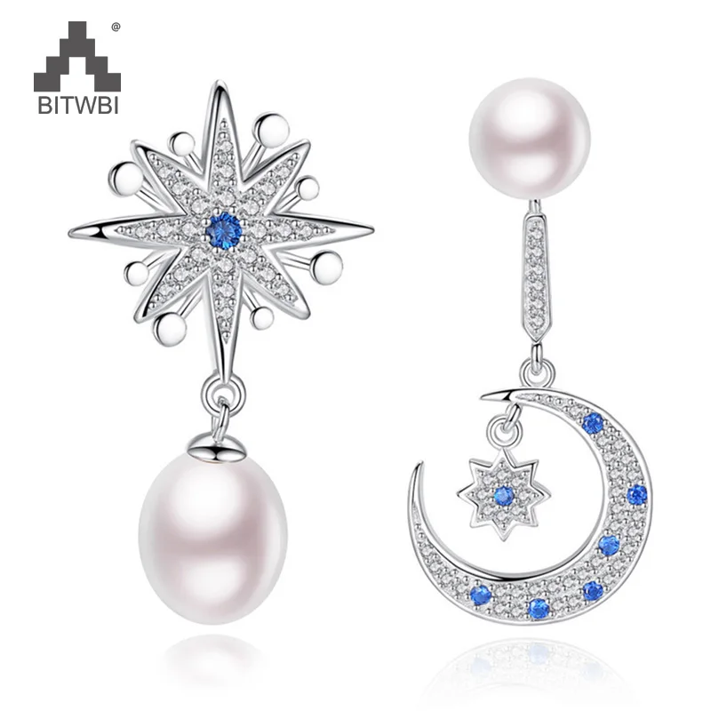 

High Quality 100% 925 Sterling Silver Hypoallergenic Drop Earring Star&Moon Natural Pearl Dangle Earrings for Women Best Gift