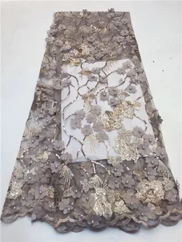 

2019 Newest French Lace Fabrics 3D Flowers African Tulle Mesh Lace Fabric With Beads Sequins For Wedding Dress Z4