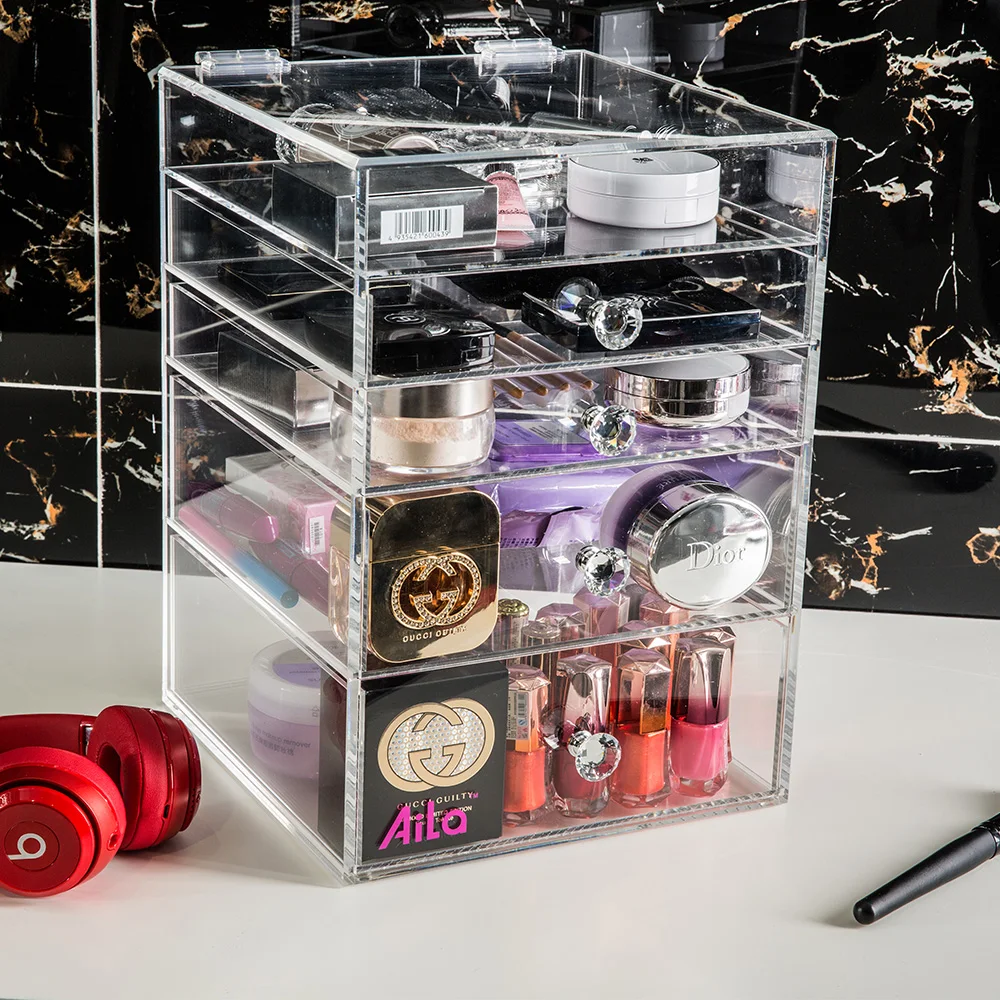 

Clear Acrylic Space-Saving Stylish Cosmetics Makeup and Jewelry Storage Case Display 4 Large Drawers and 1 Holder Box