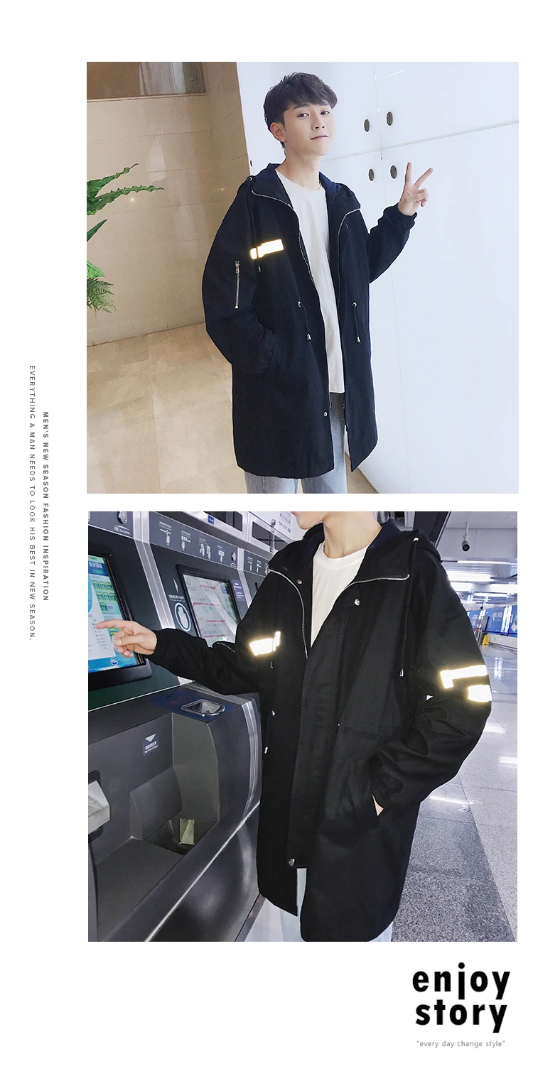 Мужская модная флуоресцентная отражающая хлопковая стеганая одежда, ветровка, свободное повседневное пальто, Тренч, длинная Черная куртка M-2XL