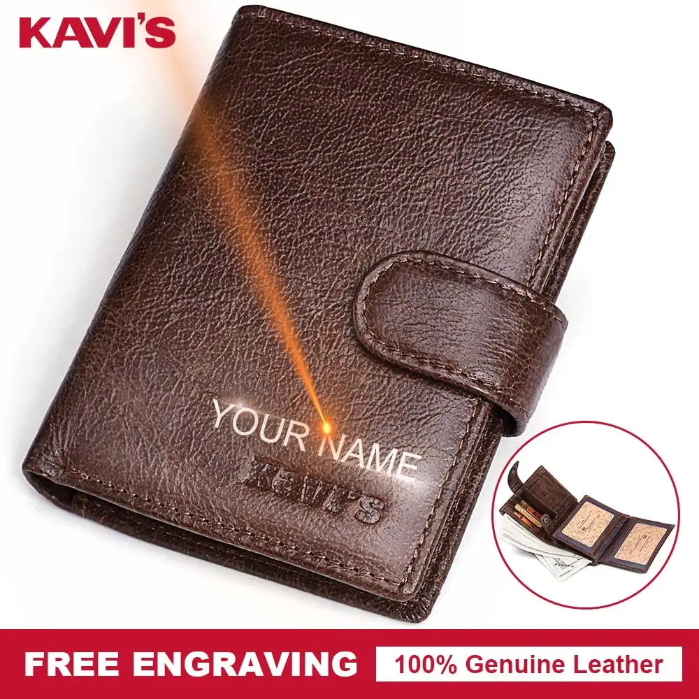 

KAVIS Name Engraved Genuine Cow Leather Men Wallet Coin Purse Portomonee Walet PORTFOLIO Slim Gift For Male Cuzdan Card Holder
