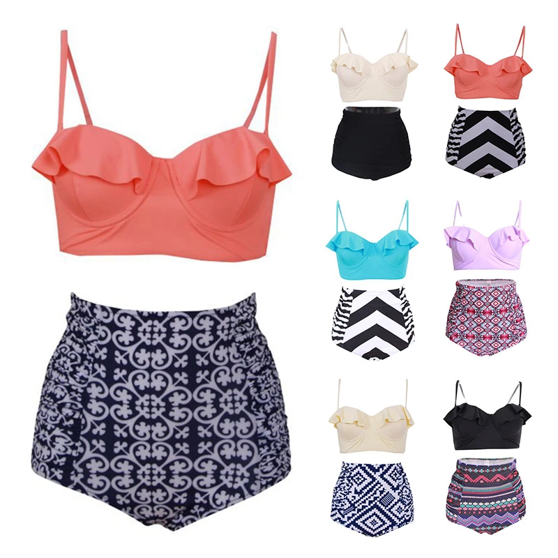 Bikinis Women Swimsuit Ruffle High Waist Bathing Suit Multi-color Swimwear Push Up Bikini Set Vintage Retro Beach Wear