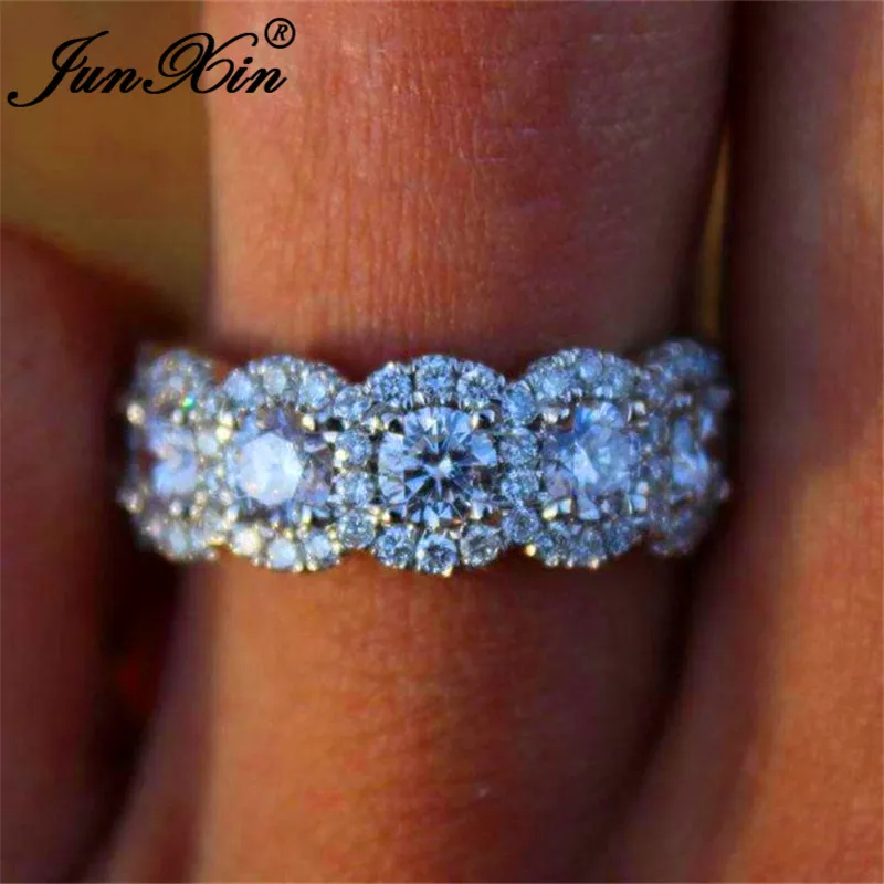JUNXIN Boho Female White Crystal Engagement Rings For Women 925 Silver Filled Round Zircon Wedding Bands Valentine Day Jewelry