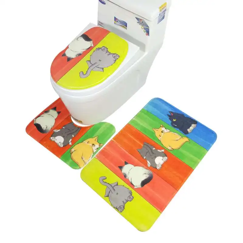 

3PCS Cartoon Toilet Seat Cover Set Absorbent Non-Slip Bathroom Rug Bath Mat Set Mat Flannel Floor Mats