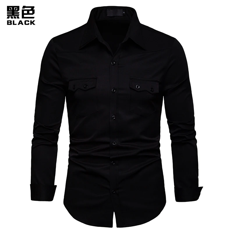 HuLooXuJi мужская с длинным рукавом Однотонная рубашка с карманом высокого качества мужские повседневные деловые платье рубашки Размер США: S-2XL