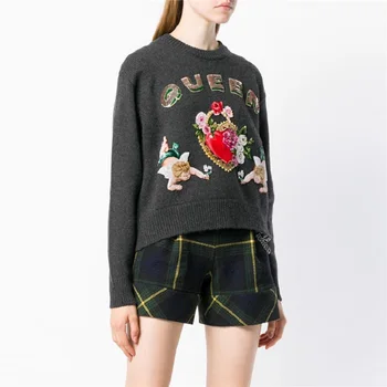 

2018 Winter Runway Luxury Angel Embroidery Women Knit Sweater Pullovers Vintage Queen Letter Sequins Christmas Jumper Clothing