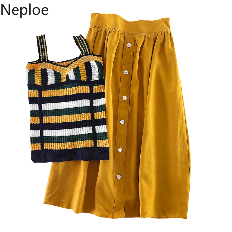 Neploe, Модный комплект из двух предметов, женская одежда, сексуальный Вязаный топ в полоску и юбка, повседневный желтый комплект из двух предметов, 90075