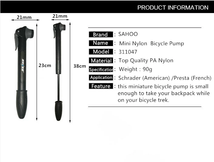 SAHOO черный Мини дизайн велосипедный велосипед высокого давления воздушный палка насос надувной Шредер/Presta 311047