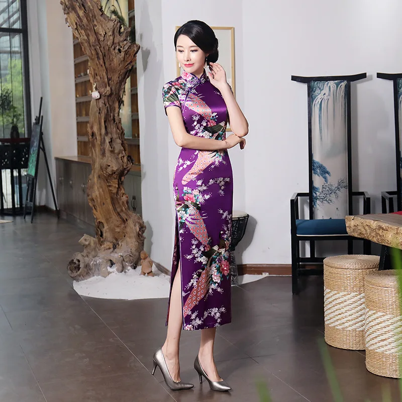Новое поступление фиолетовое китайское женское платье сатиновое Qipao сексуальное длинное Чонсам летнее плюс размер 4XL 5XL 6XL цветочное винтажное Qipao