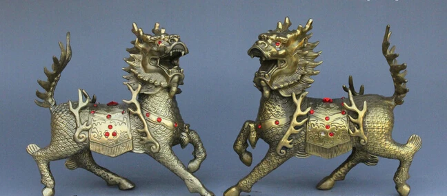 

wholesale factory FengShui China Pure Brass Guard JiXiang Dragon Kylin Beast Statue Figurine Pair