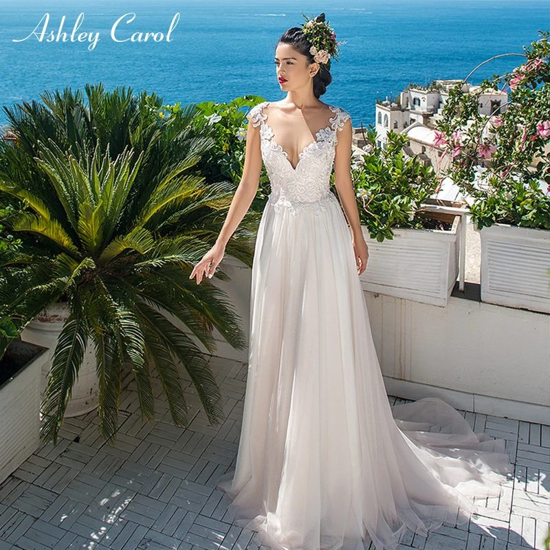 

Ashley Carol Vintage A-Line Wedding Dress Sexy Deep V-neckline Off the Shoulder Court Train Elegant Bridal Gown Robe de Soiree