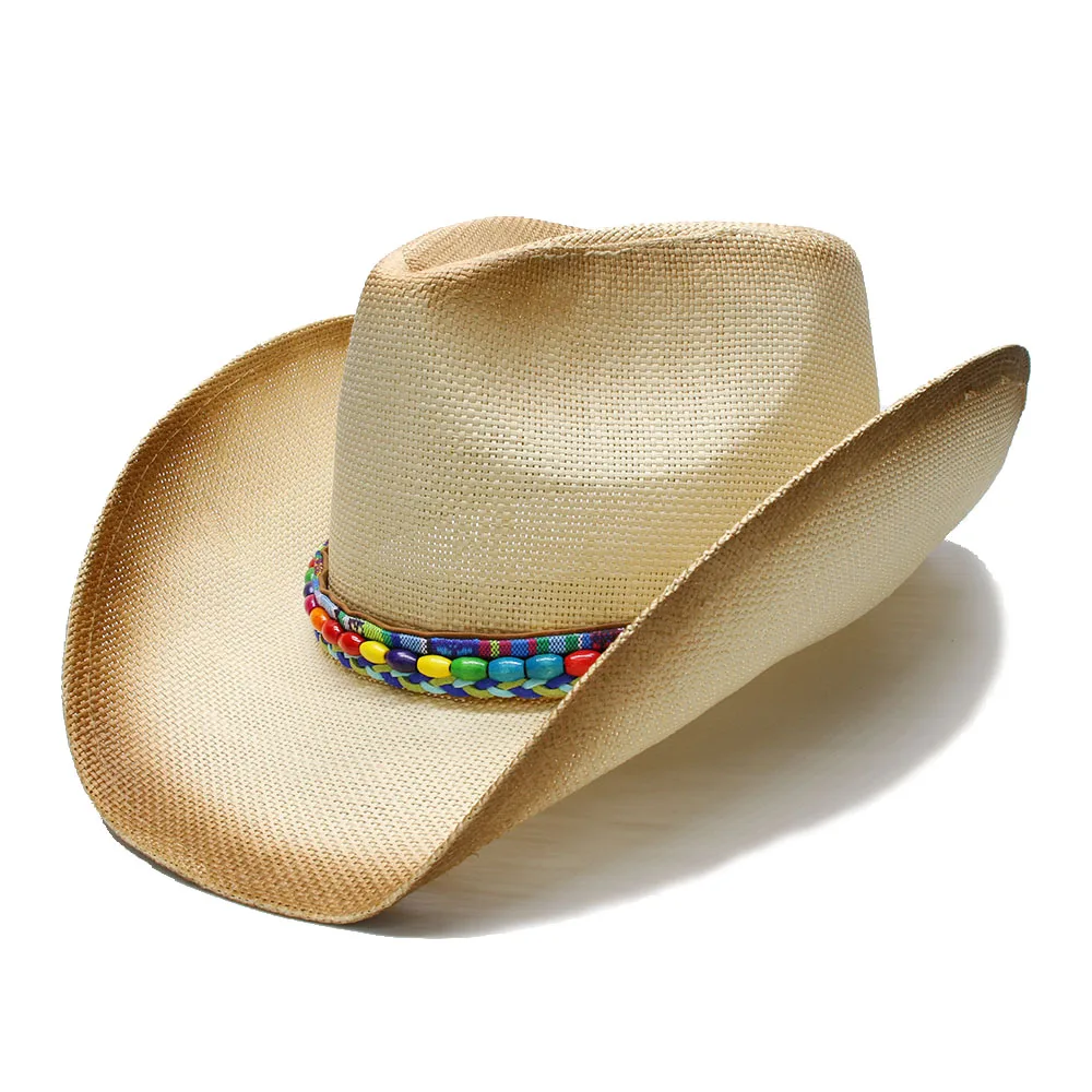 Unisex's Summer Wide Brim Straw Beach Western Cowgirl Fedora Cowboy Hat National Style Wood