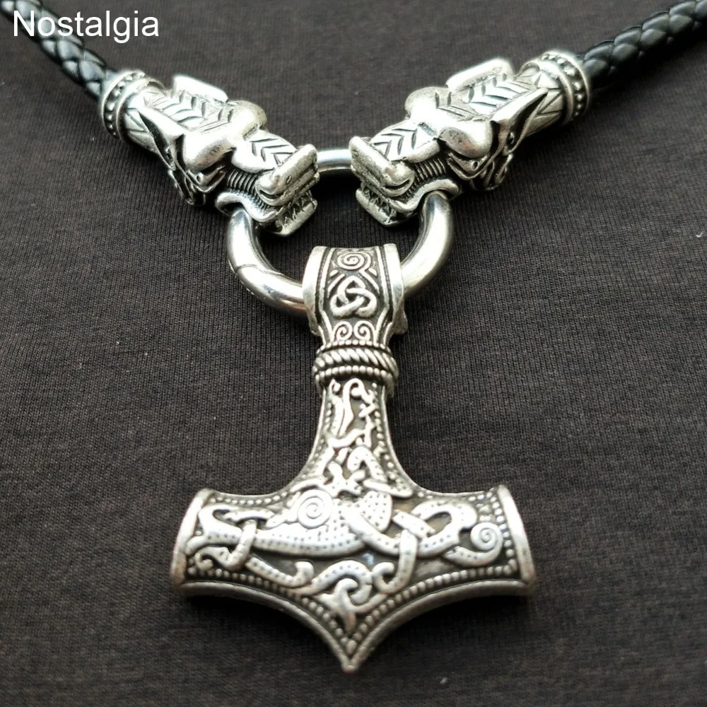 

Nostalgia Thor Hammer Norse Viking Dragon Necklace Long Leather Mjolnir Amulet Wicca Pagan Witchcraft Jewelry