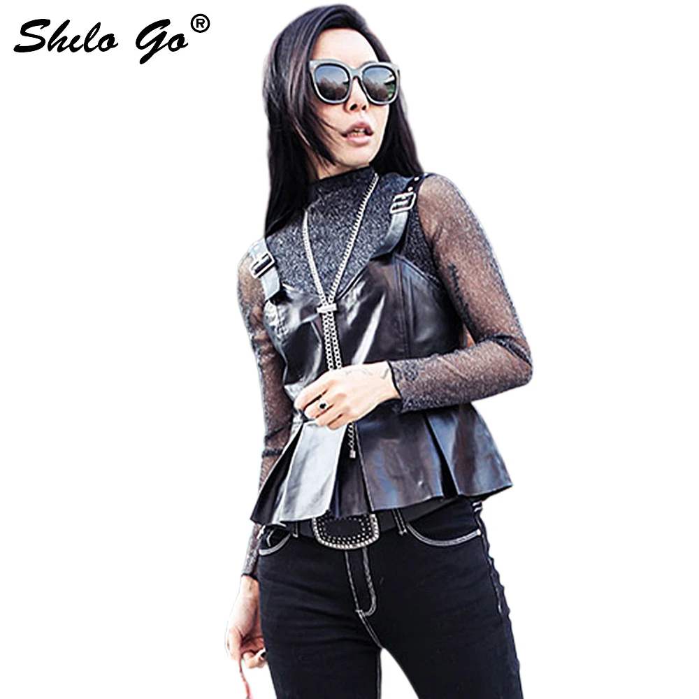 Leather Blouse Womens Summer Fashion sheepskin genuine leather Blouse V