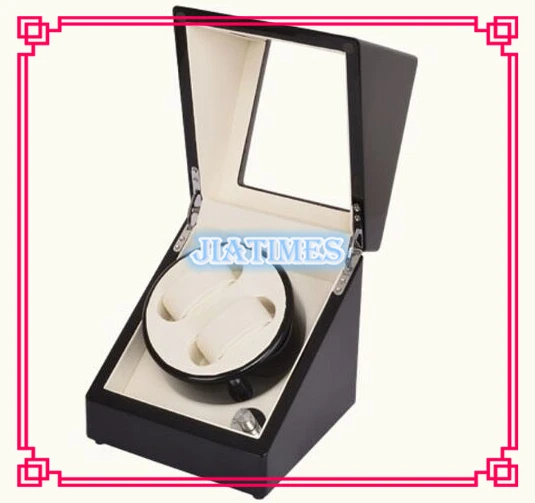 Luxury 2 Black White Watch Auto Winder Black Wood Case Cream Velvet Interior Lock Wooden Watch