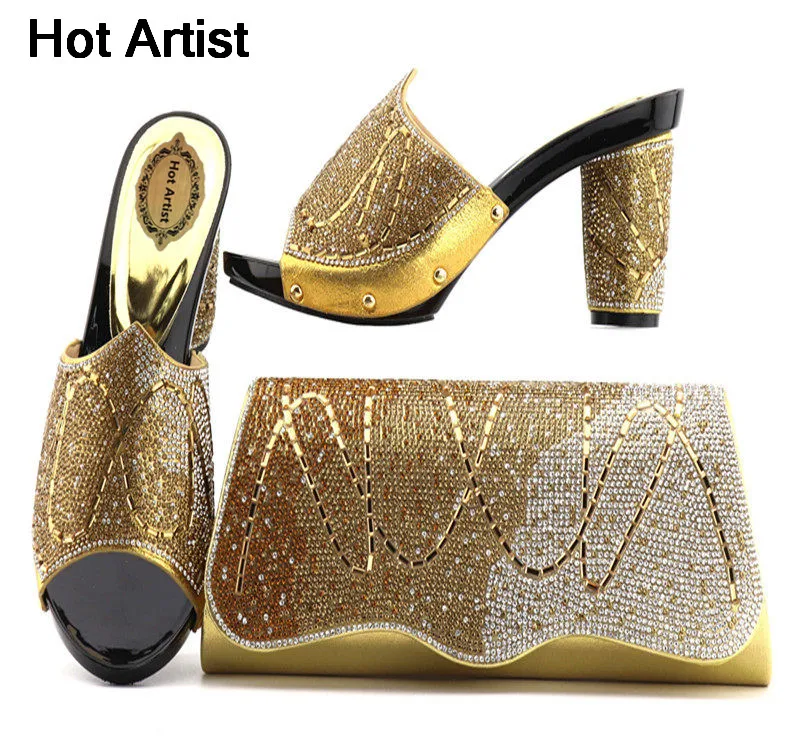 

Italian Fashion Rhinestone Gold Color Shoes And Purse Set New African Women Shoe And Bag To Match For Party On Stock TX-101