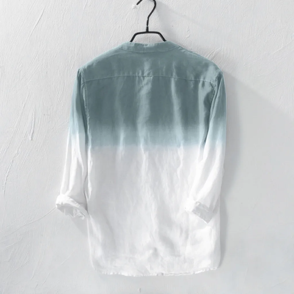 القمصان للرجال الصيف بارد رقيقة تنفس طية صدر السترة طوق شنقا مصبوغ التدرج خمر القطن نمط عارضة زائد حجم قميص