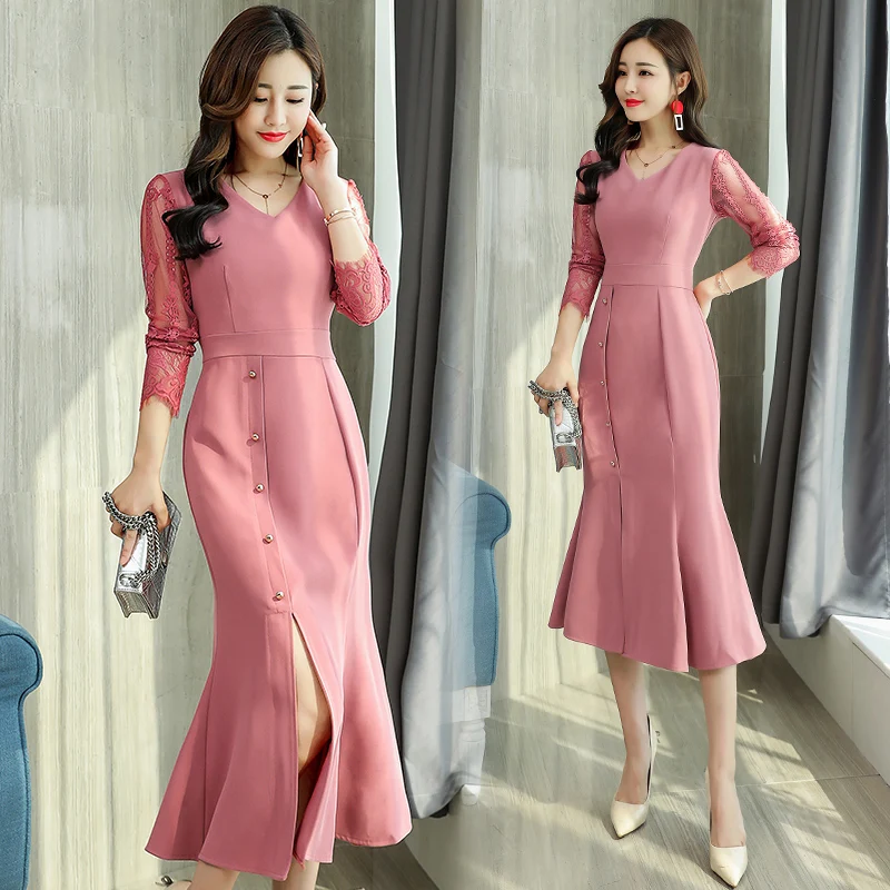 

New Fashion Women elegant Autumn Spring V-neck lace sleeve long Dress Slim solid mermaid Dress