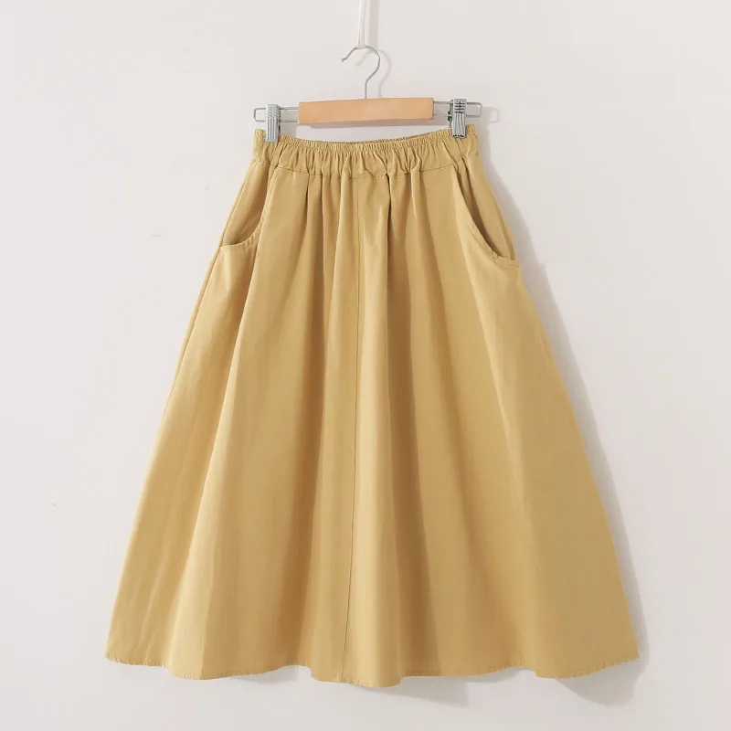 Yellow Миди юбка Женская Новая мода эластичный пояс боковые карманы Ruched Sun Falda Женская Повседневная однотонная имперская трапециевидная хлопковая юбка - Цвет: Yellow