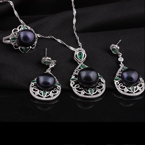 [Meibapj] высокая-конец пользовательские новые наивысшего качества натуральная пресноводного жемчуга ювелирные наборы для женщин 925 серебристого металла с подарочная коробка - Цвет камня: black pearl