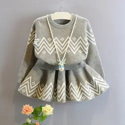 2018 Новый ограниченной Хлопок для девочек геометрический пальто с круглым вырезом для отдыха модный свитер юбка костюм дети полями из двух