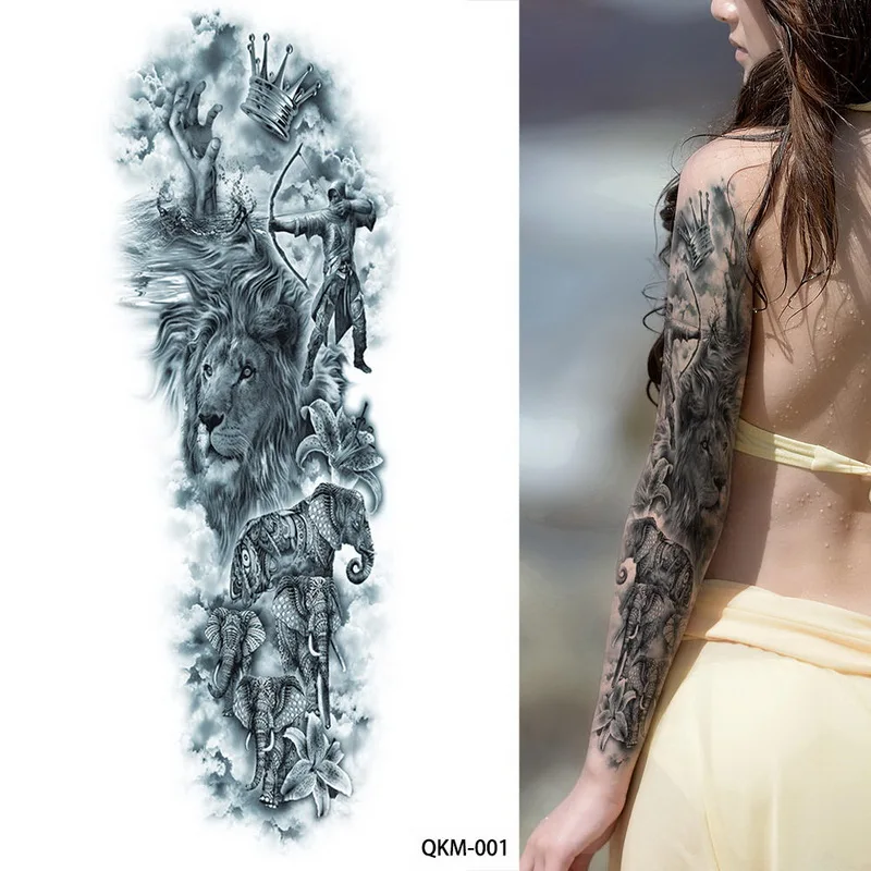 

1 Sheet Big Blue Ancient Greek Myth Lion elephant hunter crown Temporary Full Arm Leg Waist Art Tattoo Beauty Warrior Stickers