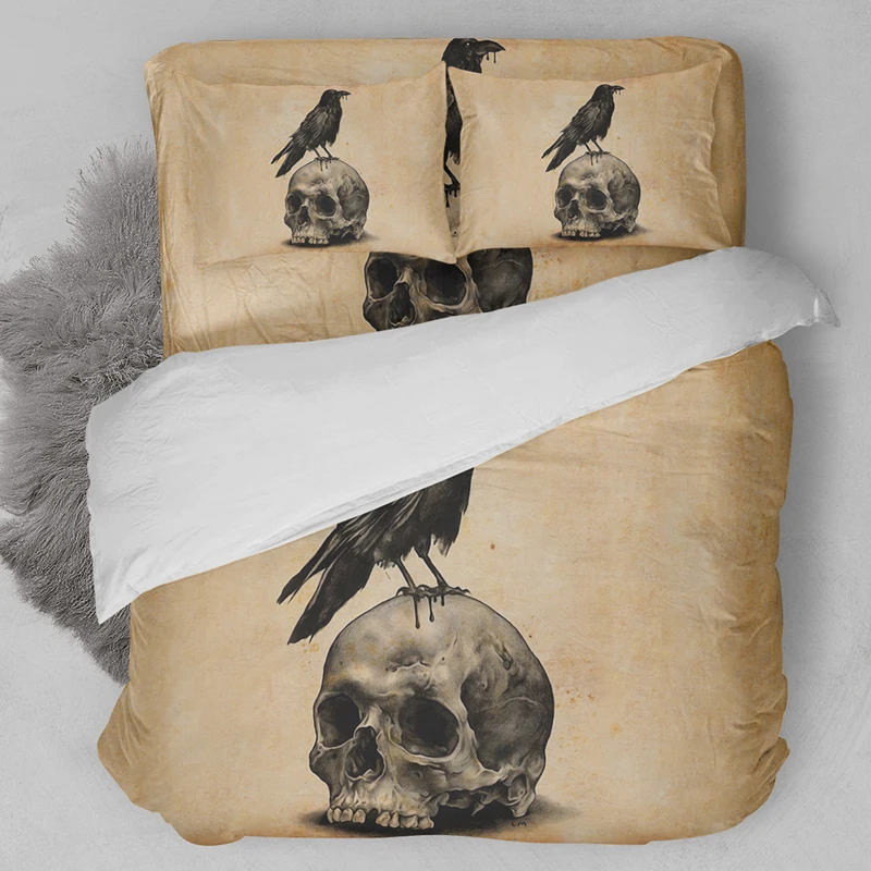 

Wongsbedding Skull Bird Retro Bedding Set HD Print Yellowed Duvet Cover Sets Twin Full Queen King Size 3PCS Customed Bedding