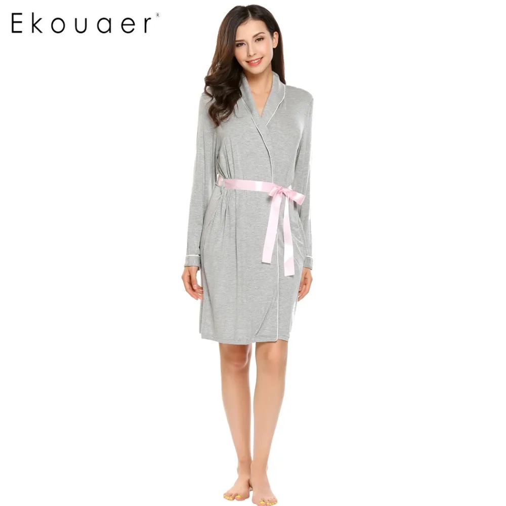 Ekouaer Sexy Для женщин кимоно халат Для женщин банный халат с поясом весенние мягкие пижамы с длинным рукавом темно-синий, серый пижамы платье