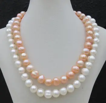

Double Stran NATURAL SOUTH SEA 10-11MM WHITE+PINK PEARL NECKLACE 18" 925silver GOLD