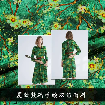 

real silk printing crepe DE chine Satin fabrics green flowers fabric for skirt dress 0.5meter